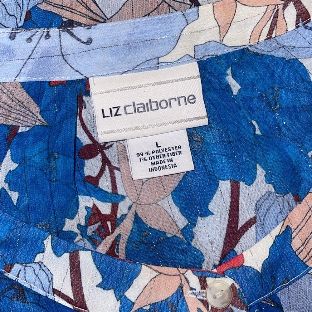 Liz Claiborne Boho Blue Floral Print Top Blouse Size L Glitter String Tie Front - Picture 6 of 7